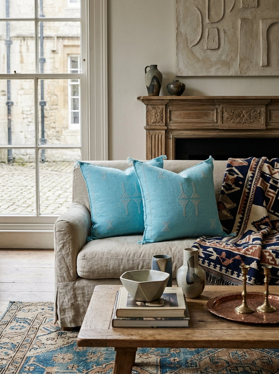 Agafay Souk Blue Cactus Silk Pillow