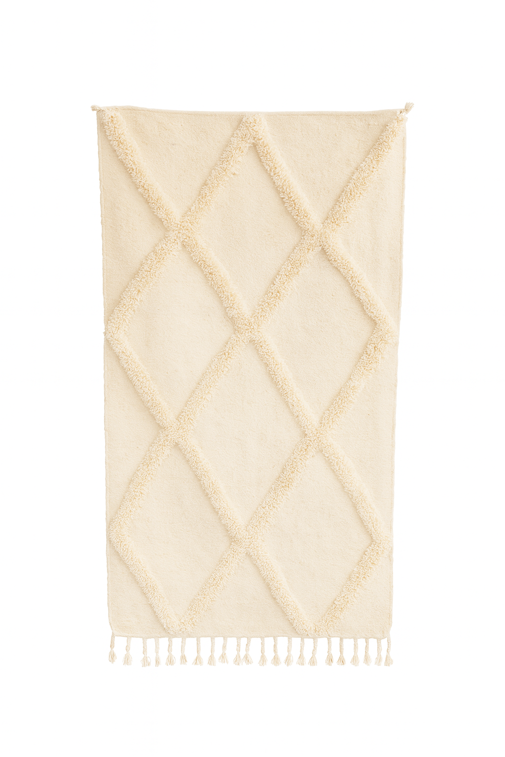 Handwoven Boujad mini rug in ivory with raised diamond textured pattern.

