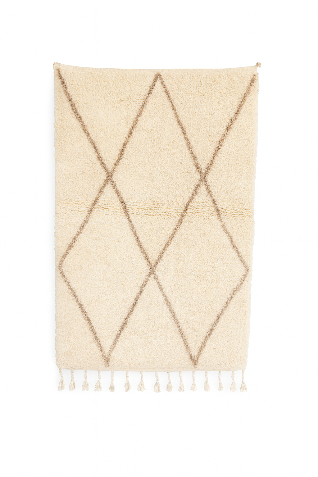 Handwoven Boujad mini rug with ivory base and sandy beige diamond pattern.
