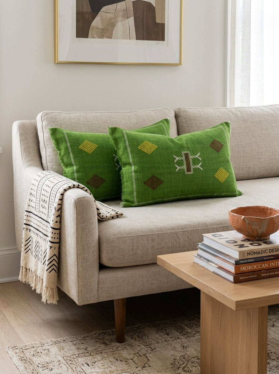 Agafay Souk Bright Olive Cactus Silk Lumbar Pillow