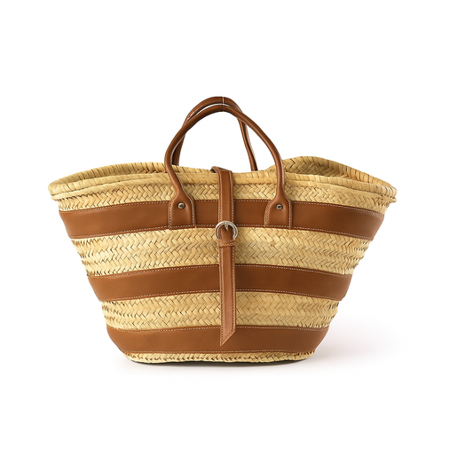 Cedar Trail Basket natural palm leaf basket with tan leather straps and buckle handcrafted in Morocco
