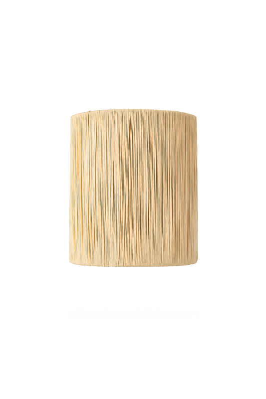 Handwoven Coastal Horizon Raffia Sconce with cylindrical drum shape, studio view on white background