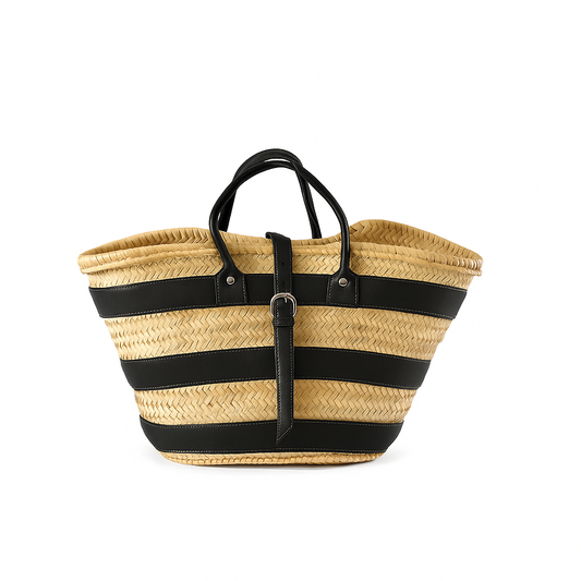 Dune Noir Basket natural palm leaf basket with black leather straps and buckle handcrafted in Morocco
