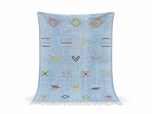 Agafay Souk Faded Denim Boho Flatweave Cactus Rug