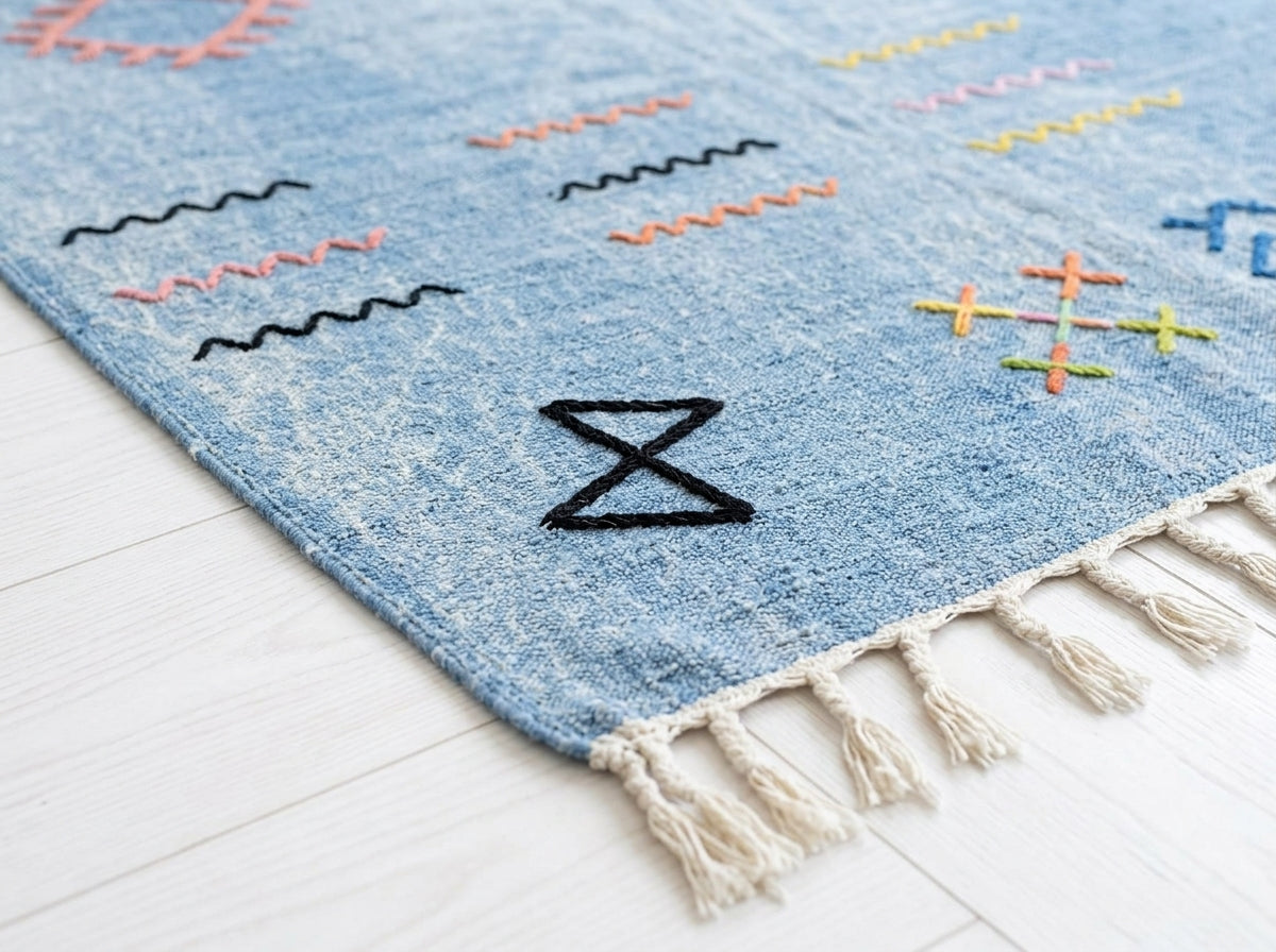 Agafay Souk Faded Denim Boho Flatweave Cactus Rug