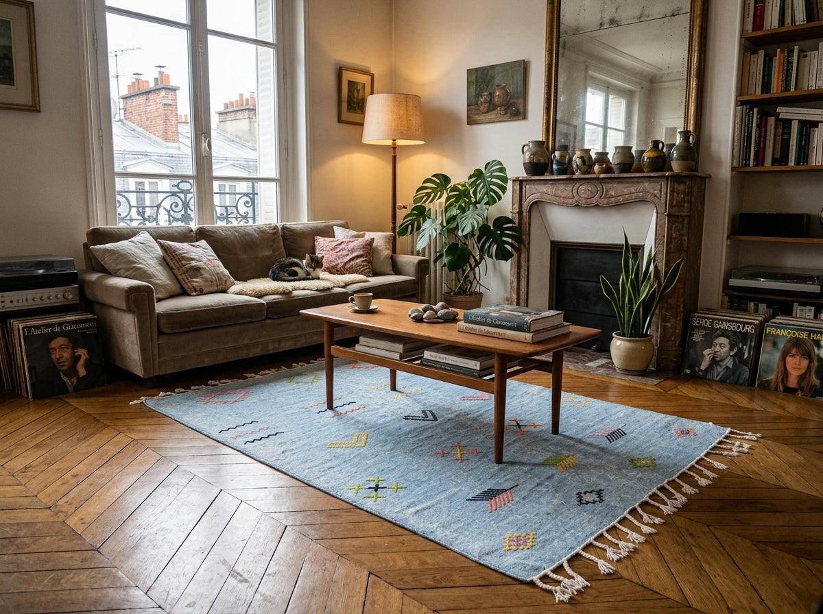 Agafay Souk Faded Denim Boho Flatweave Cactus Rug