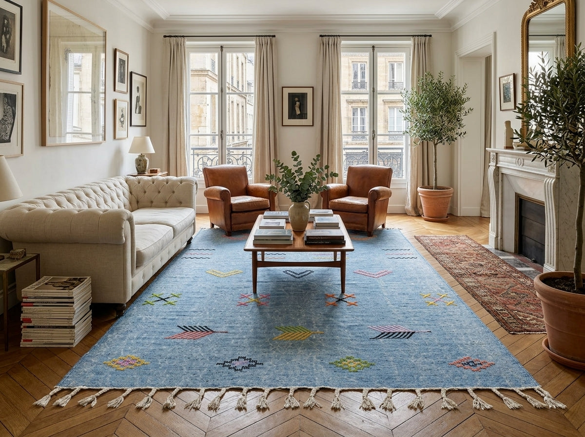 Agafay Souk Faded Denim Boho Flatweave Cactus Rug