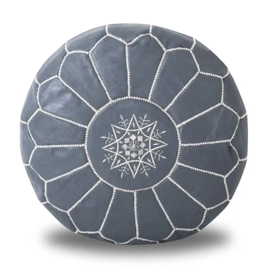 Gray Moroccan Leather Ottoman Pouffe