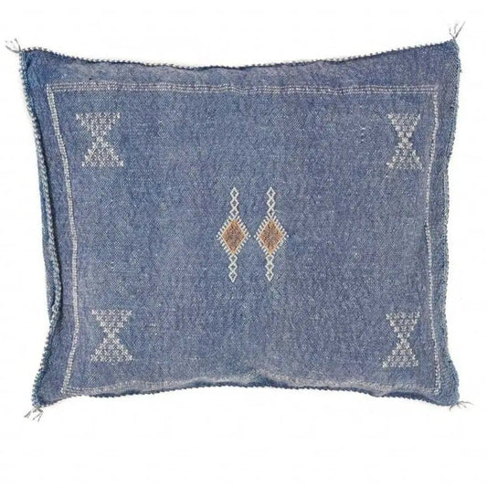 A rectangular indigo blue cactus silk pillow with geometric patterns and a central decorative motif.