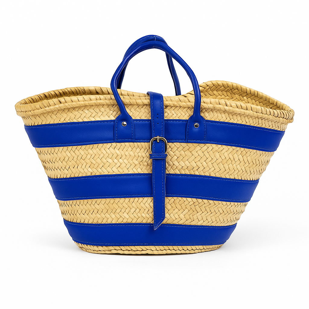 Majorelle Souk Basket handcrafted Moroccan palm basket with Majorelle blue leather handles and buckle strap
