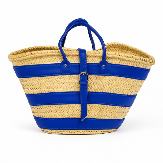 Majorelle Souk Basket handcrafted Moroccan palm basket with Majorelle blue leather handles and buckle strap
