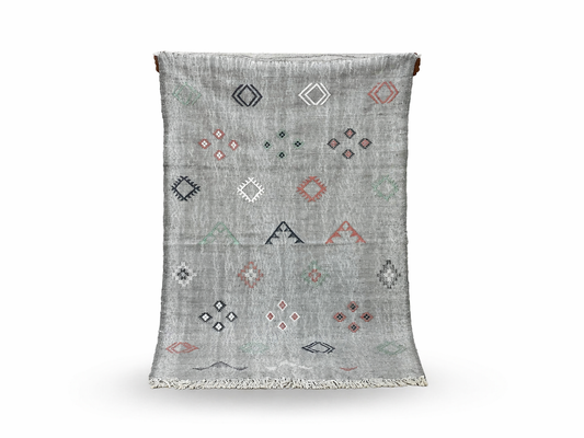 Agafay Souk Muted Gray Boho Flatweave Cactus Rug