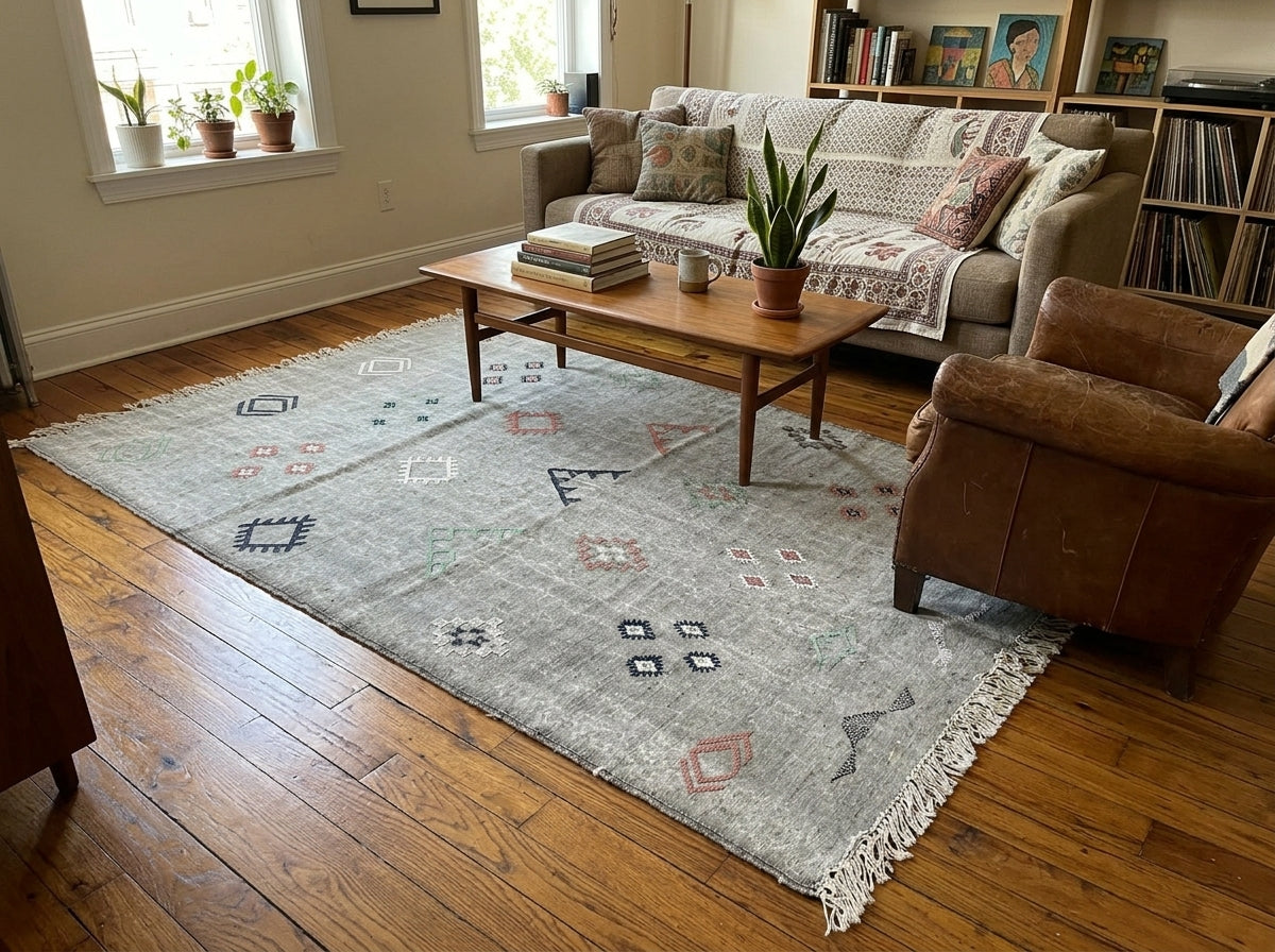 Agafay Souk Muted Gray Boho Flatweave Cactus Rug