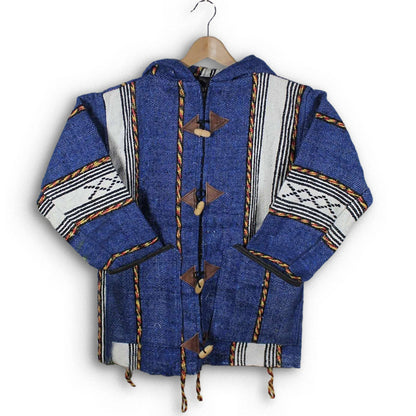 Handwoven Moroccan wool jacket in deep indigo blue with white Amazigh stripe panels multicolor braided accents wooden toggles and hood unisex fit
