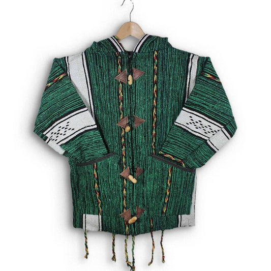 Handwoven Moroccan wool jacket in rich green with white Amazigh striped panels multicolor braided cords wooden toggle closure and unisex hooded fit
