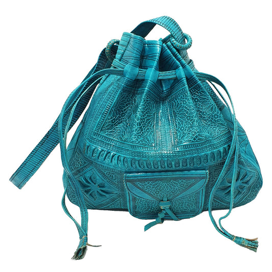 Teal embroidered drawstring bag on a white background