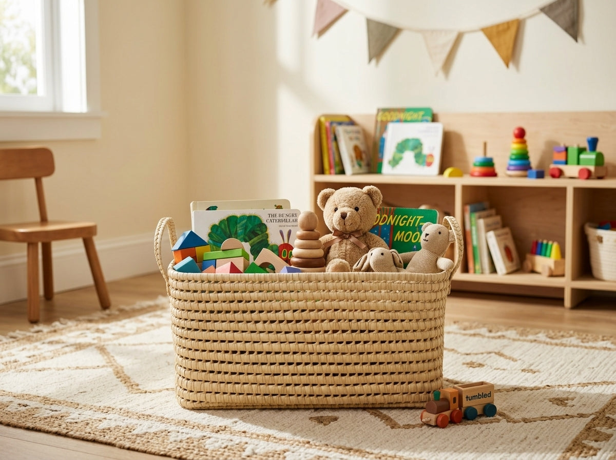Woven basket filled with toys and books in a child's room