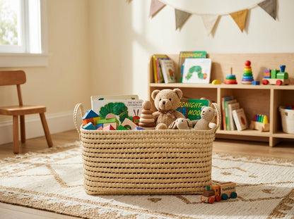 Woven basket filled with toys and books in a child's room