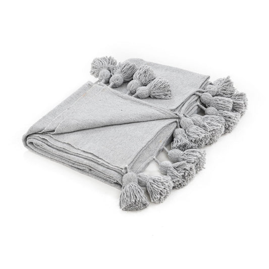 Agafay Souk Pom Pom Blanket  Light Grey