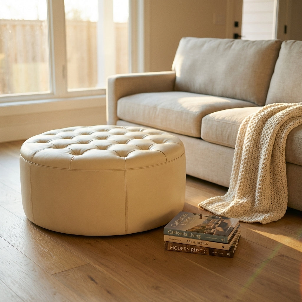 Sahara Ivory Round Moroccan Leather Ottoman