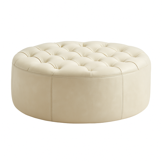 Beige tufted ottoman on a white background