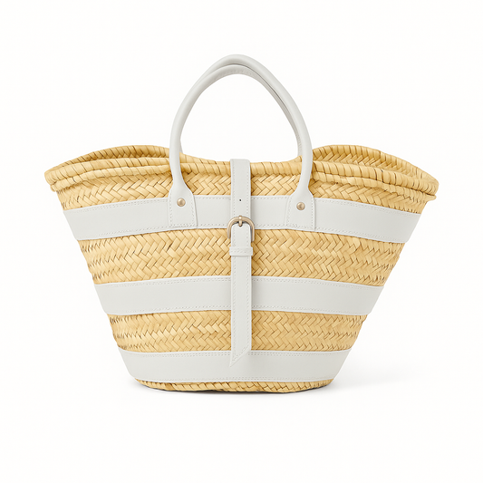 Handwoven Moroccan basket with white leather accents and belt closure – Sandline Medina Basket
