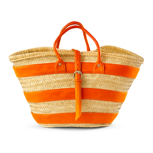 Tangerine Medina Basket handmade Moroccan palm leaf basket with orange leather straps and buckle closure
