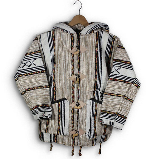 Handwoven Moroccan wool jacket with Amazigh tribal patterns in natural tones black and multicolor stripes unisex design with hood and wooden toggle closure

