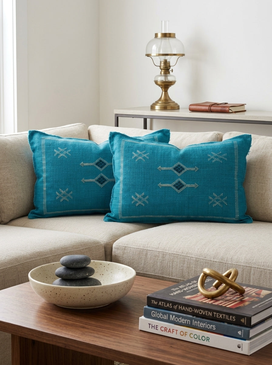 Agafay Souk Vibrant Turquoise Cactus Silk Lumbar Pillow