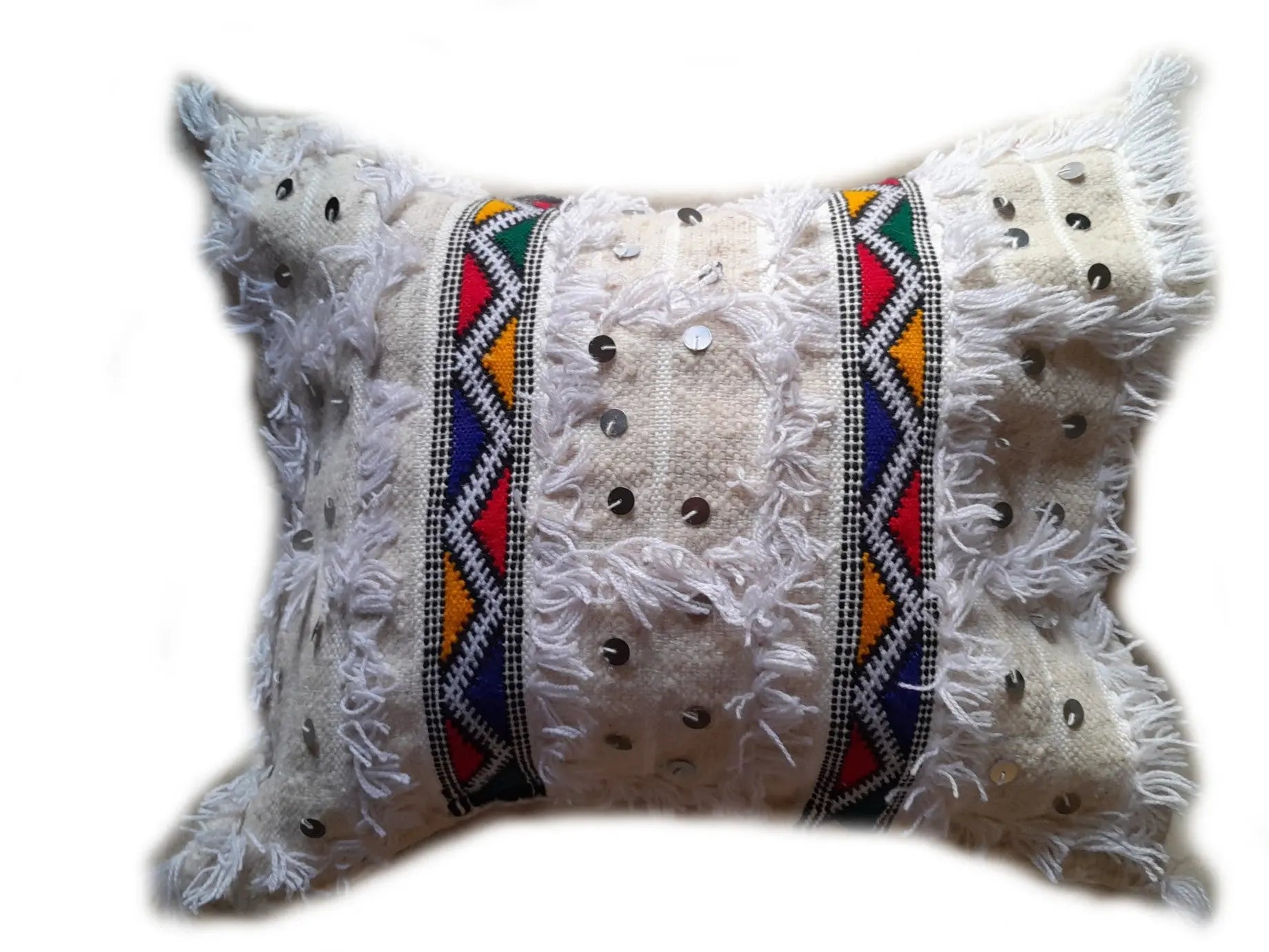 White Moroccan Handira pillow cover with colorful Berber embroidery, fringe texture, and silver sequins, handmade from wool and cotton