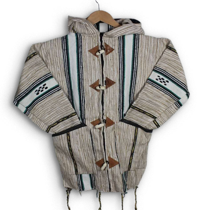 Handwoven Moroccan wool jacket in light beige with black green and yellow Amazigh stripe details hooded design with wooden toggles and relaxed unisex fit
