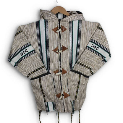 Handwoven Moroccan wool jacket in light beige with black green and yellow Amazigh stripe details hooded design with wooden toggles and relaxed unisex fit
