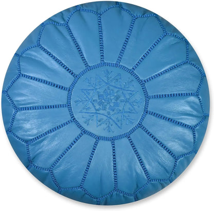 Azure Blue Moroccan Leather Ottoman Pouffe