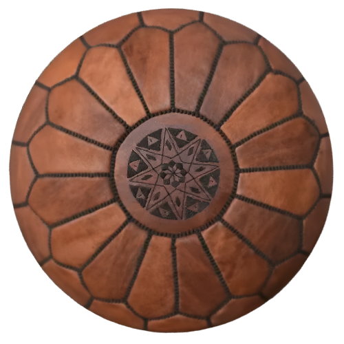Round brown Moroccan leather pouffe with black embroidered geometric star pattern and hand-stitched panel design, crafted in Marrakesh