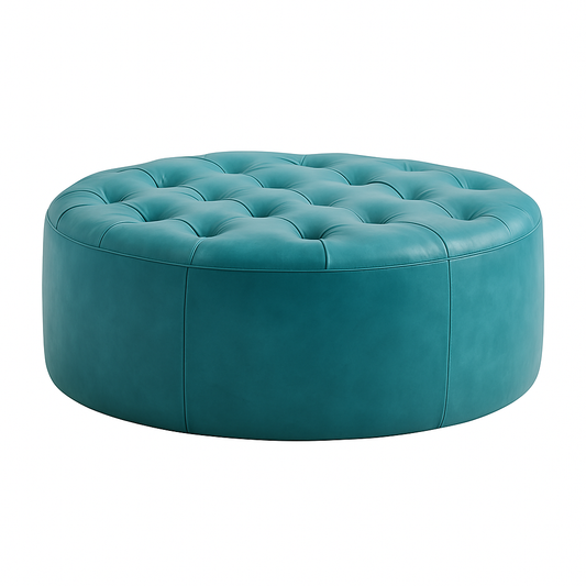 Casbah Teal Round Moroccan Leather Ottoman