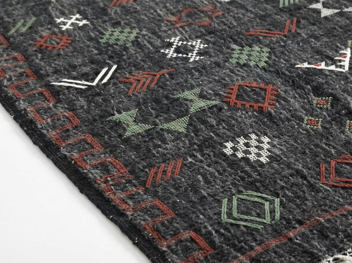Agafay Souk Charcoal Boho Flatweave Cactus Rug