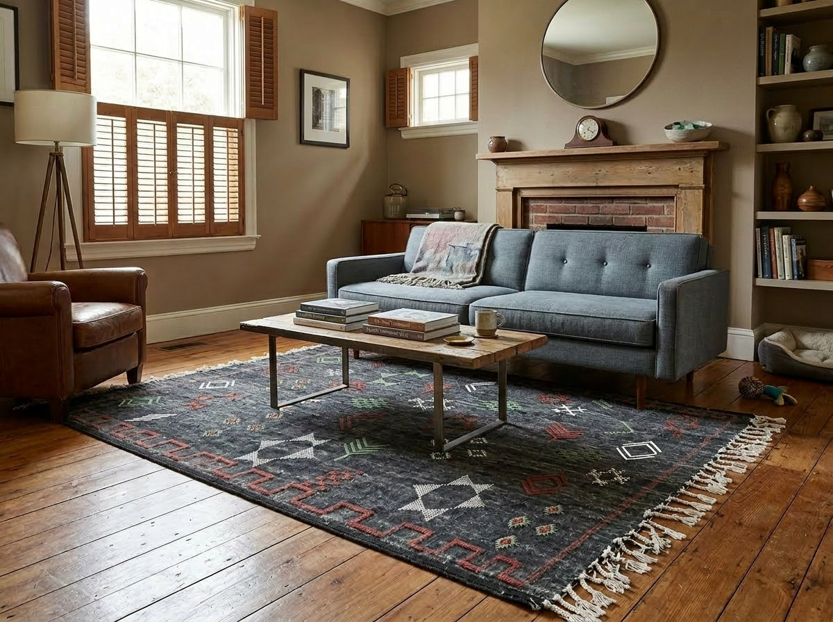 Agafay Souk Charcoal Boho Flatweave Cactus Rug