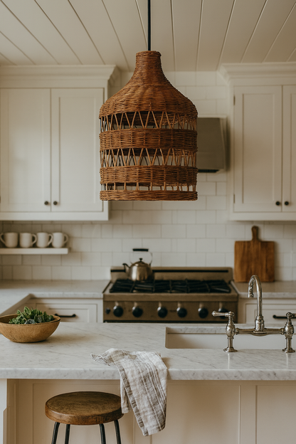 Handcrafted rattan pendant lamp hanging above a marble kitchen island in an American farmhouse kitchen with white cabinets, stainless steel stove, and natural wood accents