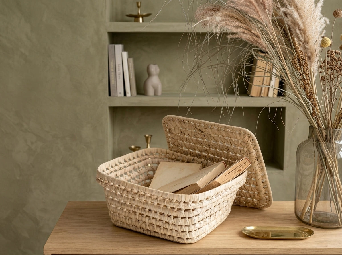 Agafay Souk Rectangular Lidded Palm Leaf Storage Basket