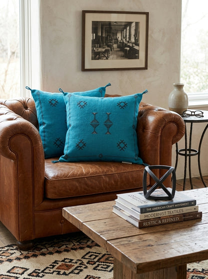 Agafay Souk Turquoise Blue Cactus Silk Pillow