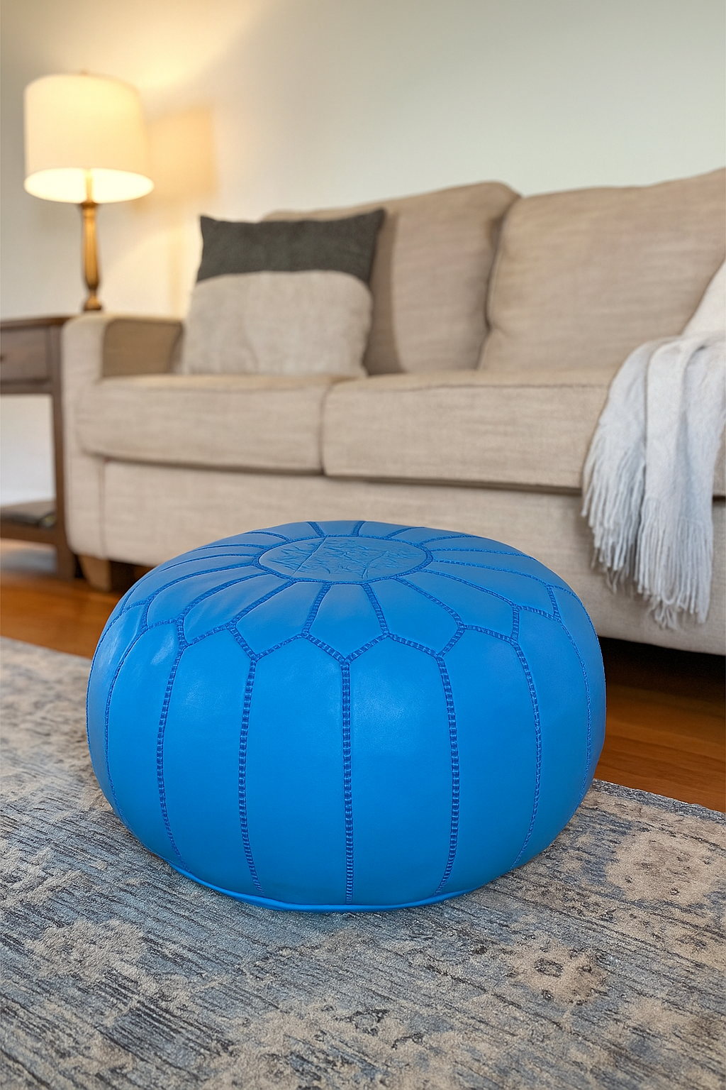 Azure Blue Moroccan Leather Ottoman Pouffe