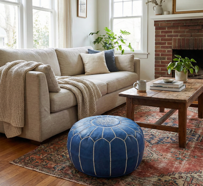 Blue & White Moroccan Leather Ottoman Pouffe