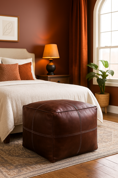 Casbah Stitched Square Moroccan Leather Ottoman