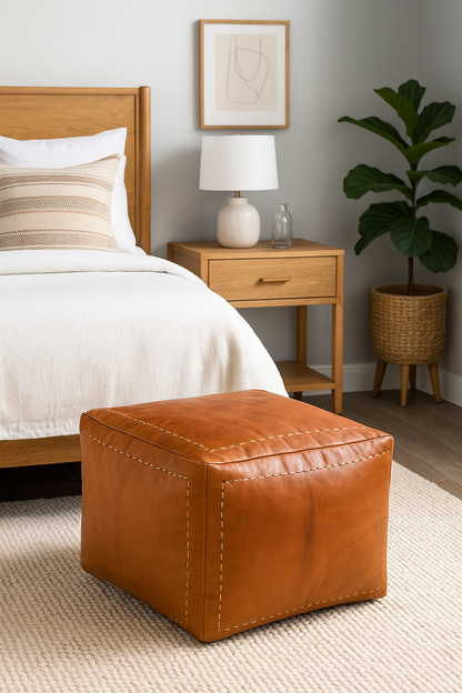 Cognac Stitch Square Moroccan Leather Ottoman