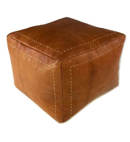 Cognac Stitch Square Moroccan Leather Ottoman