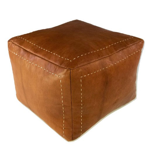 Cognac Stitch Square Moroccan Leather Ottoman