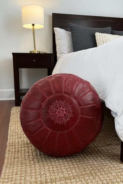 Deep Red Moroccan Leather Ottoman Pouffe