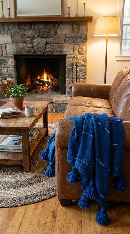 Agafay Souk Pom Pom Blanket Blue
