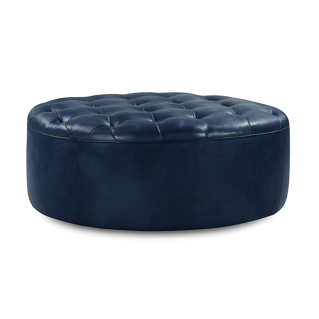 Navy Kasbah Round Moroccan Leather Ottoman