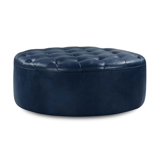 Navy Kasbah Round Moroccan Leather Ottoman
